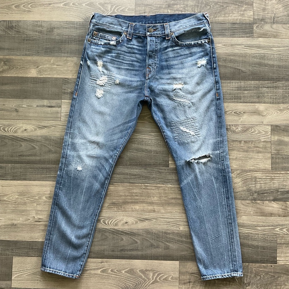 38x33 True Religion Logan Relaxed Taper Jeans Men’s Blue Distressed Button Fly